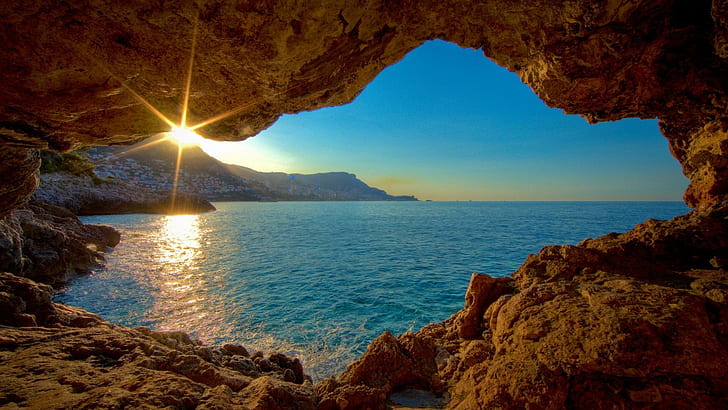 Glorious Coastal Cave, mountains, cave, sunrise, coast, nature and landscapes, HD wallpaper