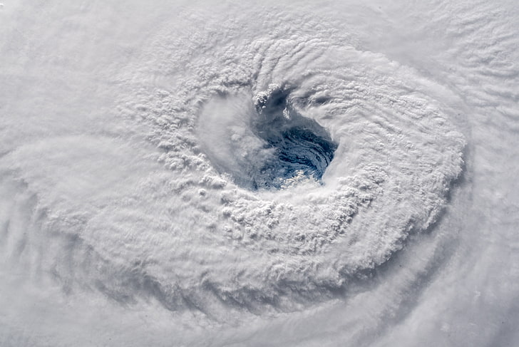 white snow, hurricane, Orbital Stations, clouds, spiral, cyclone, photography, Alexander Gerst, NASA, snow, science, space station, nature, storm, bird's eye view, ISS, top view, white, HD wallpaper