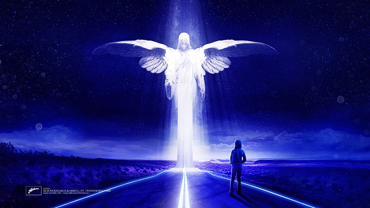 Ангелска статуя с лек дигитален тапет, Axwell, Eternal Sunshine of the Spotless Mind, ангел, светлини, люлки, космос, Axtone, обложки на албуми, HD тапет