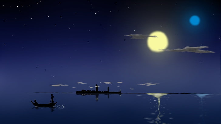 водоем, аниме, лодка, лунна светлина, нощ, море, гондоли, Ария, HD тапет