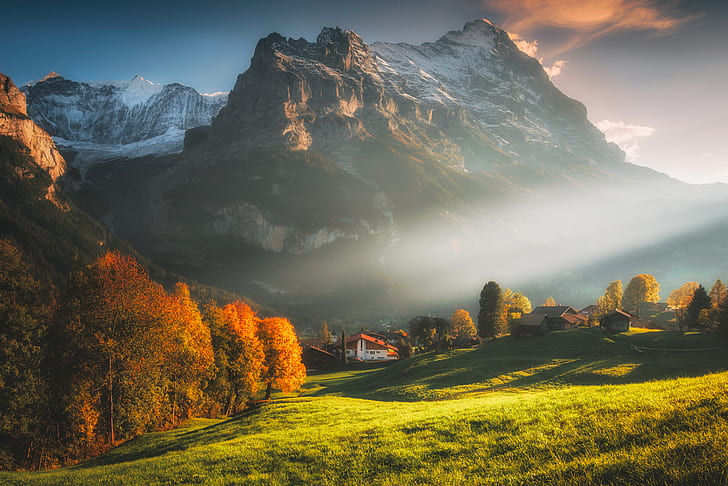 Гринделвалд, Швейцарски Алпи, Швейцария, снежен връх, планини, поле, дървета, пейзаж, село, гора, трева, слънчева светлина, слънчеви лъчи, небе, сутрин, есен, HD тапет