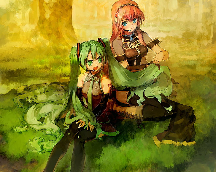 anime, armbands, blue, boots, detached, eyes, girls, grass, green, hair, hatsune, headphones, highs, long, luka, megurine, miku, mouth, nail, nature, open, outdoors, pink, polish, sitting, skirts, sleeves, stockings, tattoos, thigh, tie, trees, twintails, vocaloid, HD wallpaper