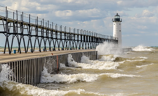 pier, sea, lighthouse, HD wallpaper HD wallpaper