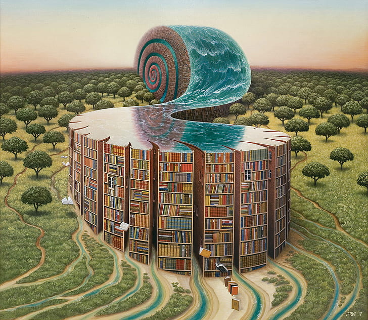 Jacek Yerka, Biblioteca Ammonite, biblioteca, libri, acqua, alberi, scaffale, lumaca, opere d'arte, Sfondo HD