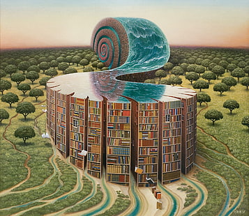 Jacek Yerka, Kütüphane Ammonit, kütüphane, kitaplar, su, ağaçlar, kitap rafı, salyangoz, sanat eseri, HD masaüstü duvar kağıdı HD wallpaper