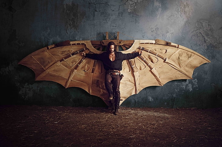 brown para glider, Leonardo da Vinci,  Da Vinci's Demons, wings, men, HD wallpaper