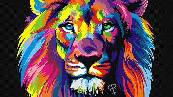 Ilustración de cabeza de león, verde, azul, rosa y naranja Pintura de león, colorido, animales, león, arte digital, Fondo de pantalla HD HD wallpaper