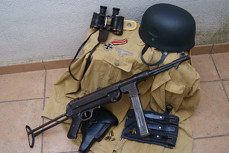 война, бинокль, форма, шлем, пистолет, мир, Второй раз, МП 40, HD обои HD wallpaper