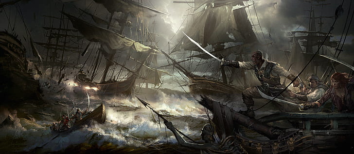 sea, boat, ships, storm, battle, pirates, saber, HD wallpaper