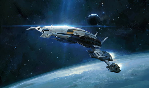 ilustraciones, videojuegos, Mass Effect 2, nave espacial, Normandy SR-2, espacio, Mass Effect, Fondo de pantalla HD HD wallpaper