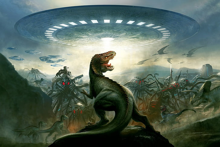 Ilustración digital de tiranosaurio rex gris, extraterrestres, arte digital, platillos voladores, nave espacial, dinosaurios, Fondo de pantalla HD