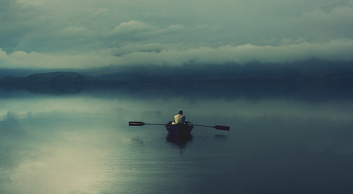 Bootfahren, schwarzes Boot mit Paddel, Natur, Seen, Bootfahren, HD-Hintergrundbild
