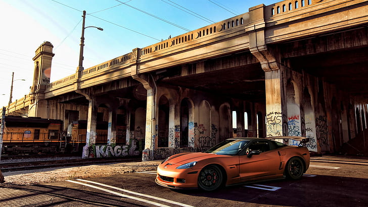Chevrolet Z06 Corvette Bridge Graffiti HD, รถยนต์, สะพาน, เชฟโรเลต, เรือลาดตระเวน, กราฟฟิตี, z06, วอลล์เปเปอร์ HD