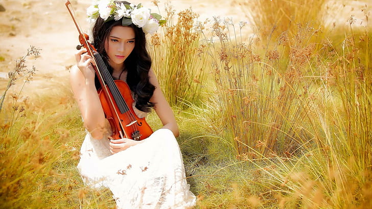 Panna młoda ze skrzypcami, brązowo-czarne skrzypce, dziewczyny, 1920 x 1080, kobieta, skrzypce, panna młoda, Tapety HD