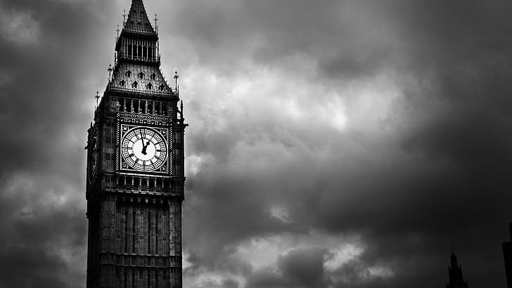 บิ๊กเบนลอนดอนภาพถ่ายระดับสีเทาของบิ๊กเบนโลก 1920x1080, ลอนดอน, อังกฤษ, บิ๊กเบน, สหราชอาณาจักร, วอลล์เปเปอร์ HD