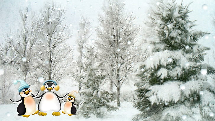 Happy Penguins, snow covered tree, firefox persona, christmas, cute, whimsical, cold, forest, trees, snow, penguins, winter, 3d and abstra, HD wallpaper