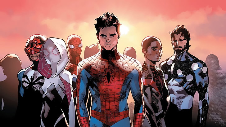 Ilustrasi karakter Marvel, buku komik, Marvel Comics, Spider-Man, Spider-Gwen, Miles Morales, Cosmic Spider-Man, Spider-Man 2211, Spider-Man Tidak Terbatas, Wallpaper HD