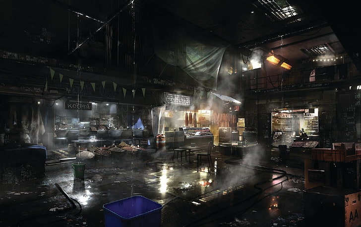 мъглив тъмнокафяв и черен тапет за стая, Deus Ex, киберпънк, научна фантастика, футуристичен, видео игри, Deus Ex: Mankind Divided, HD тапет