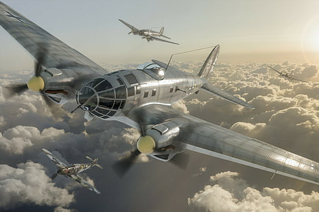 Bombowiec, Luftwaffe, samolot, Heinkel He 111, II wojna światowa, grafika, Messerschmitt Bf 109, Tapety HD HD wallpaper