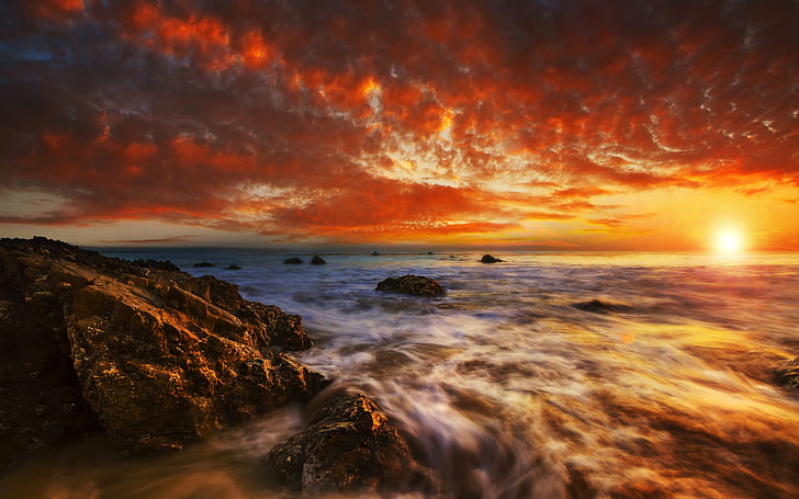 Rocks Stones Sunset Ocean Beach Sunlight HD, природа, океан, залез, плаж, слънчева светлина, скали, камъни, HD тапет