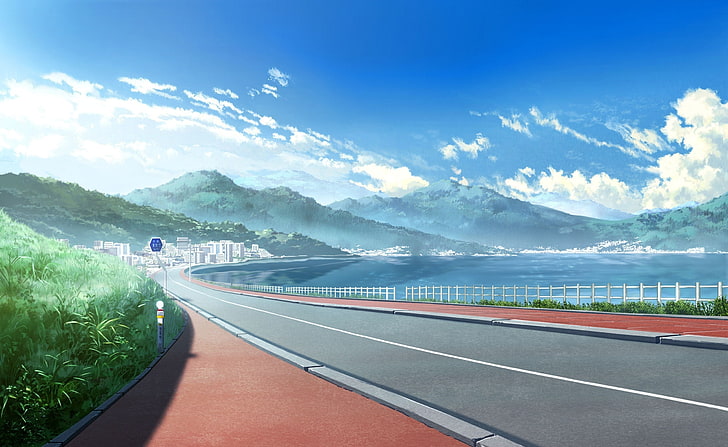 Anime Paisagem, estrada perto do corpo de água, Artístico, Anime, Paisagem, HD papel de parede