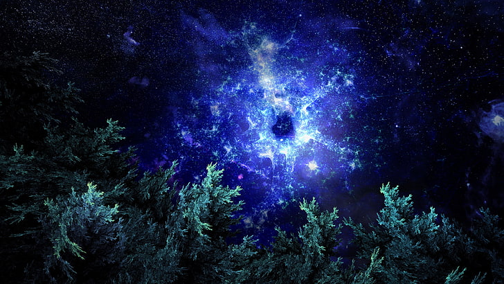 digitale Tapete des grünblättrigen Baums, Fractal, Wald, Raum, Nebelfleck, Nacht, Raumkunst, digitale Kunst, HD-Hintergrundbild