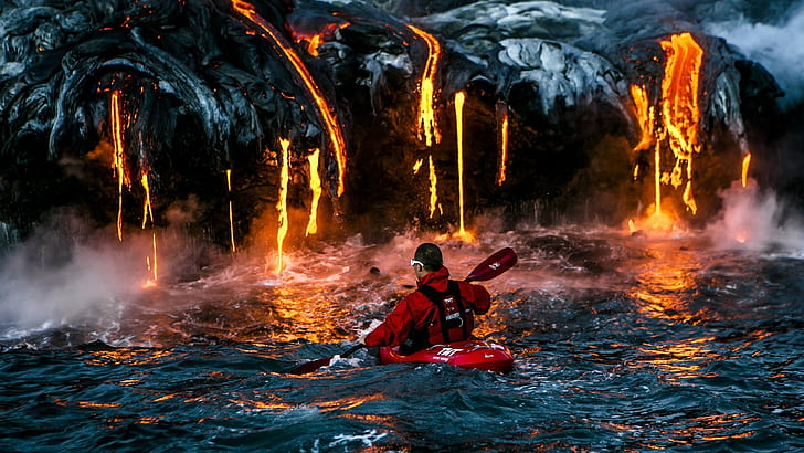 nature landscape volcano lava smoke men kayaks danger water sea sports, HD wallpaper
