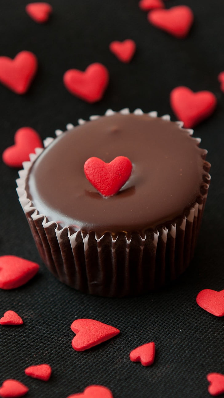 Love Chocolate Cake, chocolate cupckae, Love,, red, heart, Wallpaper HD, wallpaper seluler