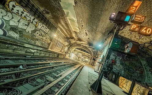 коричнево-серый металлический каркас, метро, ​​метрополитен, тоннель, HD обои HD wallpaper