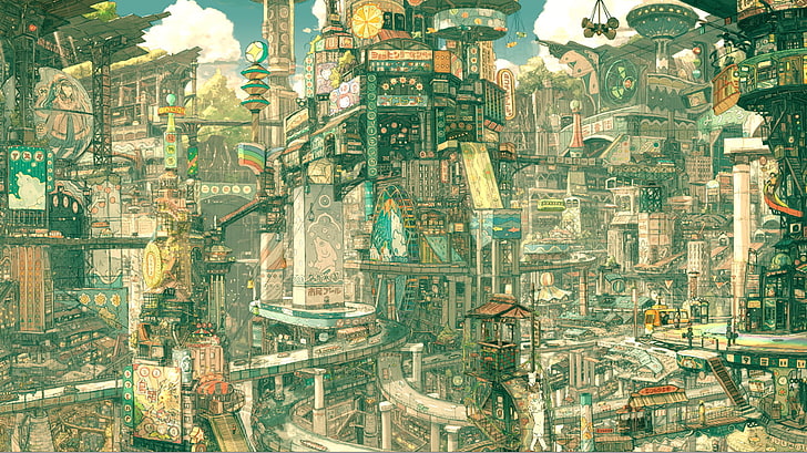 коричнево-зеленая городская живопись здания, аниме, имперский мальчик, город фантазий, городской пейзаж, HD обои