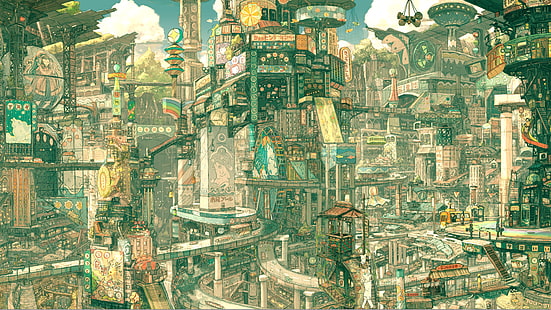 peinture de bâtiment de ville brune et verte, anime, garçon impérial, ville fantastique, paysage urbain, Fond d'écran HD HD wallpaper