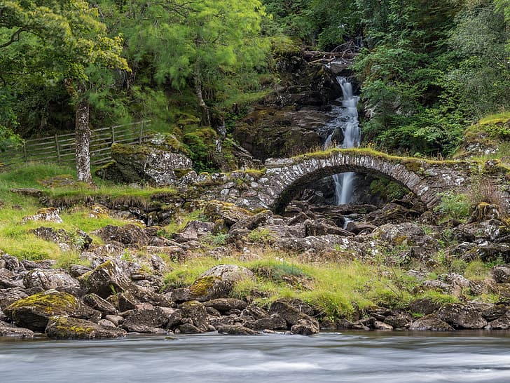 forest, bridge, river, stones, waterfall, Scotland, Highlands, River Lyon, the river Lyon, HD wallpaper