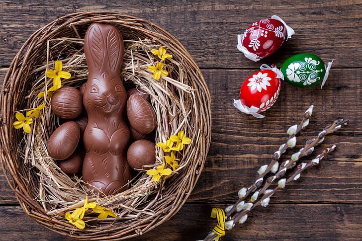 chocolate, eggs, colorful, rabbit, candy, Easter, wood, Verba, spring, bunny, decoration, Happy, HD wallpaper