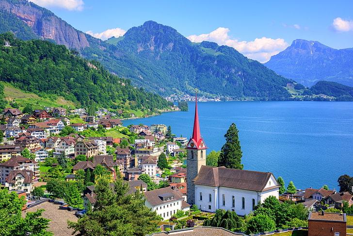 Towns, Lucerne, Lake, Mountain, Switzerland, Town, HD wallpaper