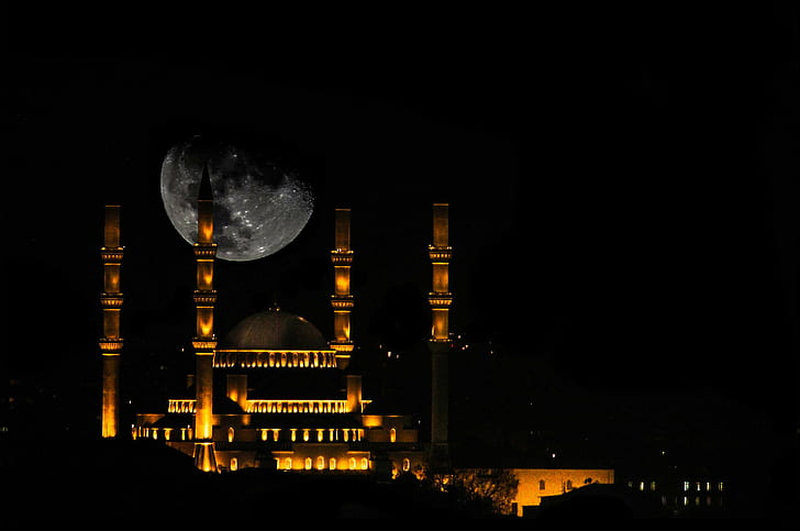 ankara, full moon, kocatepe, moon, moonlight, mosque, night, photokolik, HD wallpaper