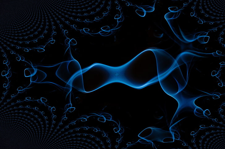 푸른 전자기파 그래픽 벽지, 검정색 배경, 연기, 선, 추상화, HD 배경 화면