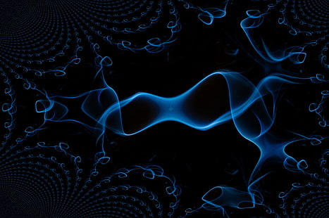 blå elektromagnetiska vågor grafisk tapet, svart bakgrund, rök, linje, abstraktion, HD tapet HD wallpaper