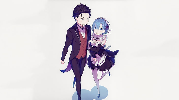 homem e mulher vestindo terno ilustração, Re: Zero Kara Hajimeru Isekai Seikatsu, Natsuki Subaru, Rem (Re: Zero), anime, HD papel de parede
