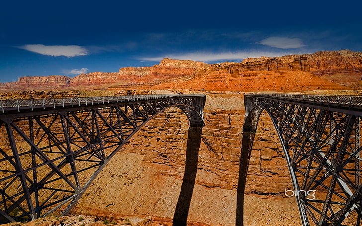 two black metal suspension bridges, bridges, canyon, height, engineering, HD wallpaper