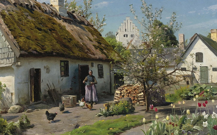 Pintor danés, 1924, Peter Merk de Menstad, Peder Mørk Mønsted, pintor realista danés, Primavera en Hjembaek, Primavera en Hjemmet, Fondo de pantalla HD