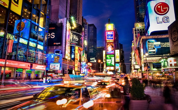 Ню Йорк Сити през нощта HD тапет, високи сгради, САЩ, Ню Йорк, Сити, Нощ, Бързане, Трафик, градски светлини, Ню Йорк, HD тапет