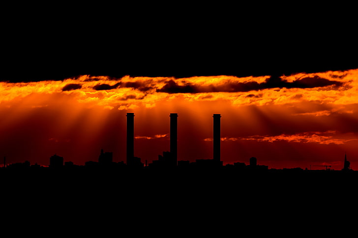 tabung pabrik, matahari terbenam, gelap, langit, pabrik, industri, Wallpaper HD