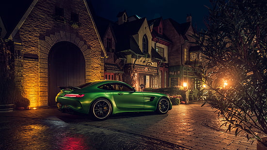 суперкар, Mercedes-Benz, Mercedes-AMG, Mercedes-AMG GT R, город, городок, здания, ночь, огни города, зеленый автомобиль, зеленые автомобили, HD обои HD wallpaper