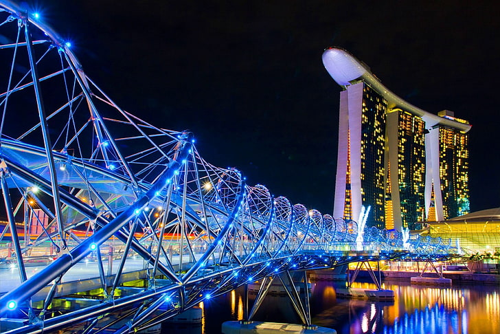 Marina Bay Sands, огни, мост, Сингапур, архитектура, Marina Bay, HD обои