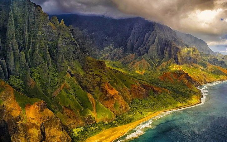 Вид с воздуха, пляж, скалы, облака, побережье, Гавайи, остров, Кауаи, пейзаж, горы, природа, море, HD обои