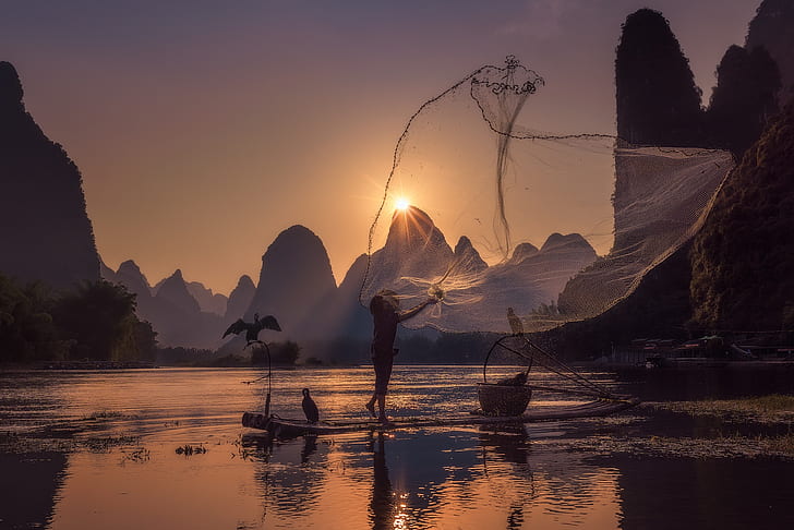 le soleil, oiseaux, rivière, maille, pêcheur, Chine, Fond d'écran HD