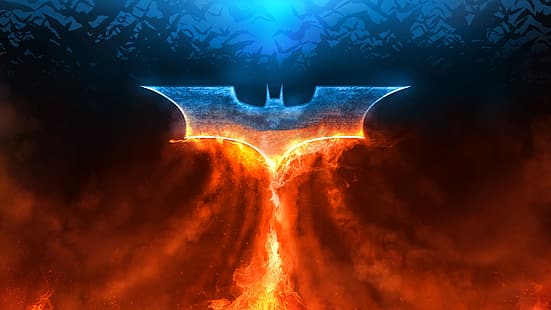 Batman-Logo, Gotham City, Batman: Arkham City, Feuer, Wasser, Fledermaushöhle, HD-Hintergrundbild HD wallpaper