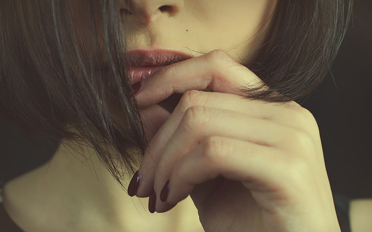 women's red lipstick, woman touching her lips, women, brunette, macro, lips, painted nails, HD wallpaper