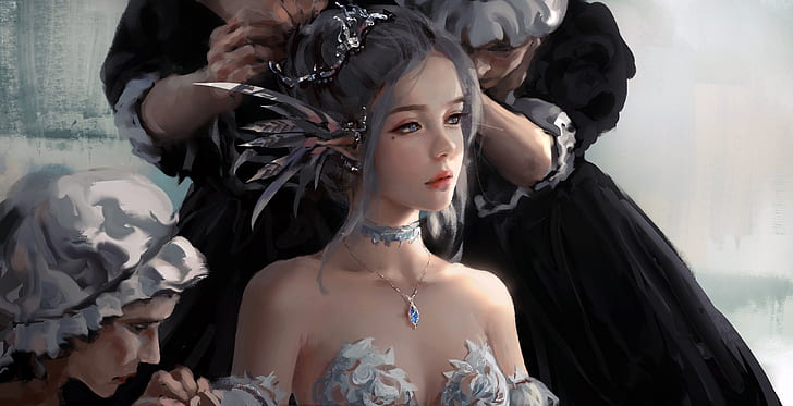 girl, fantasy, dress, blue eyes, lips, face, elf, digital art, artwork, princess, situation, fantasy art, necklace, mouth, during, painting art, hairstyle, bare shoulders, sapphire, pointy ears, waitress, looking away, Wlop, strapless, diadem, HD wallpaper