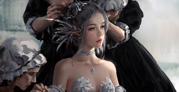 girl, fantasy, dress, blue eyes, lips, face, elf, digital art, artwork, princess, situation, fantasy art, necklace, mouth, during, painting art, hairstyle, bare shoulders, sapphire, pointy ears, waitress, looking away, Wlop, strapless, diadem, HD wallpaper HD wallpaper